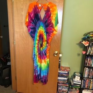 Rainbow Tie Dye Caftan Kimono Hippie Dress OS
